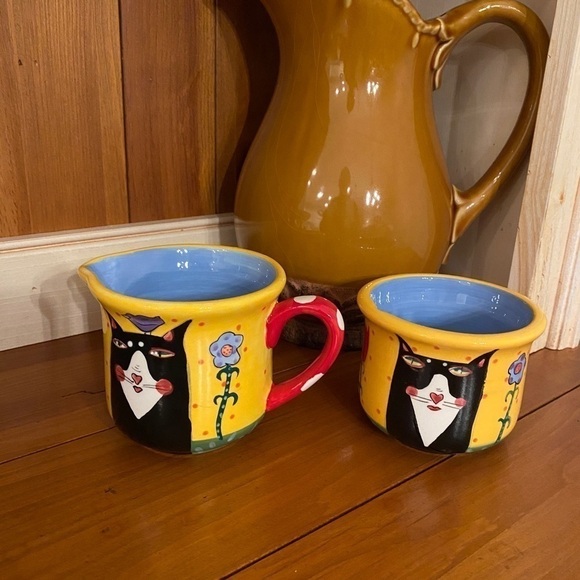 Sharon Bloom Tuxedo Cat Creamer Sugar Bowl Set Henriksen Ceramic Hand Painted - Picture 2 of 13